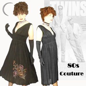 Couture Black Cocktail Dress, One of a Kind with Handwork - 80s Vintage VFG